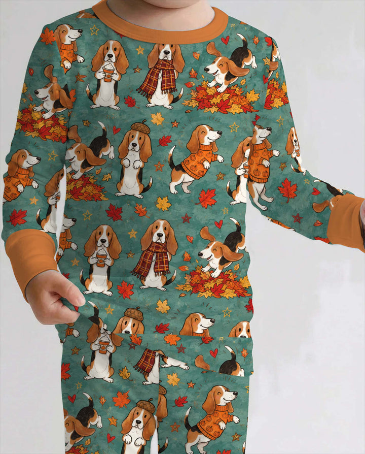 Playful Basset Hound Autumn Leaves Bamboo Two Piece Long Sleeve Pajama Set