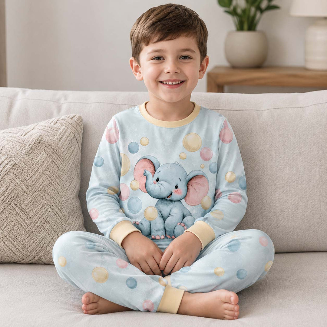 Playful Elephant Bubbles Bamboo Two Piece Long Sleeve Pajama Set