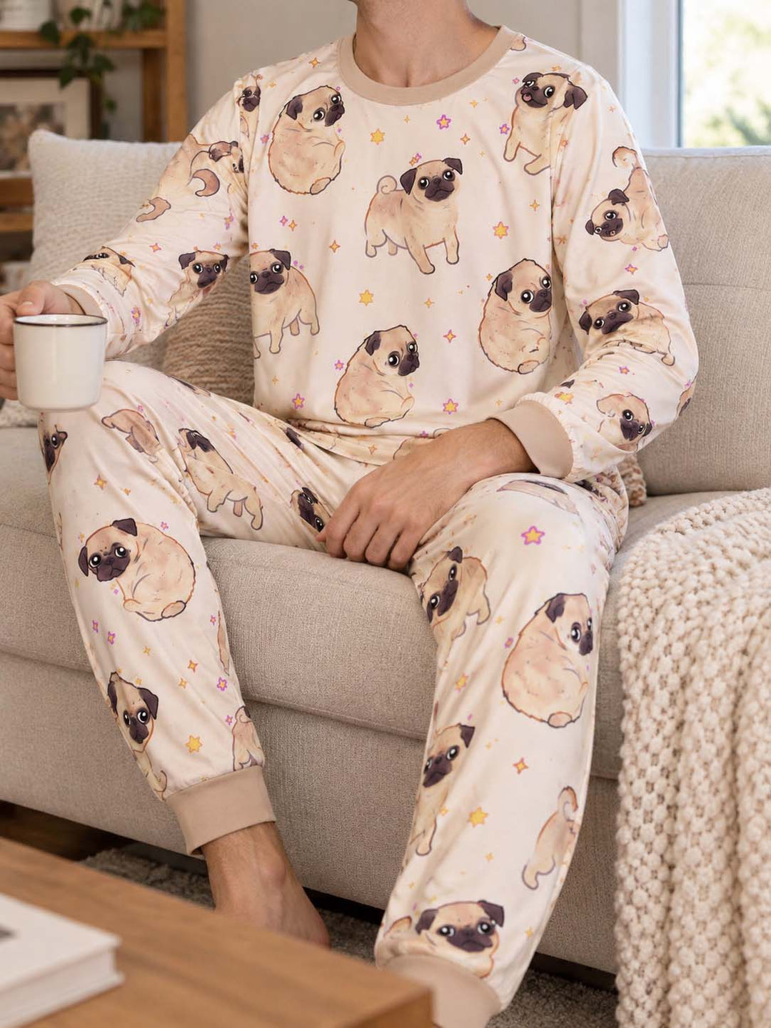 Playful Pug Stars Bamboo Men's Pajama Set