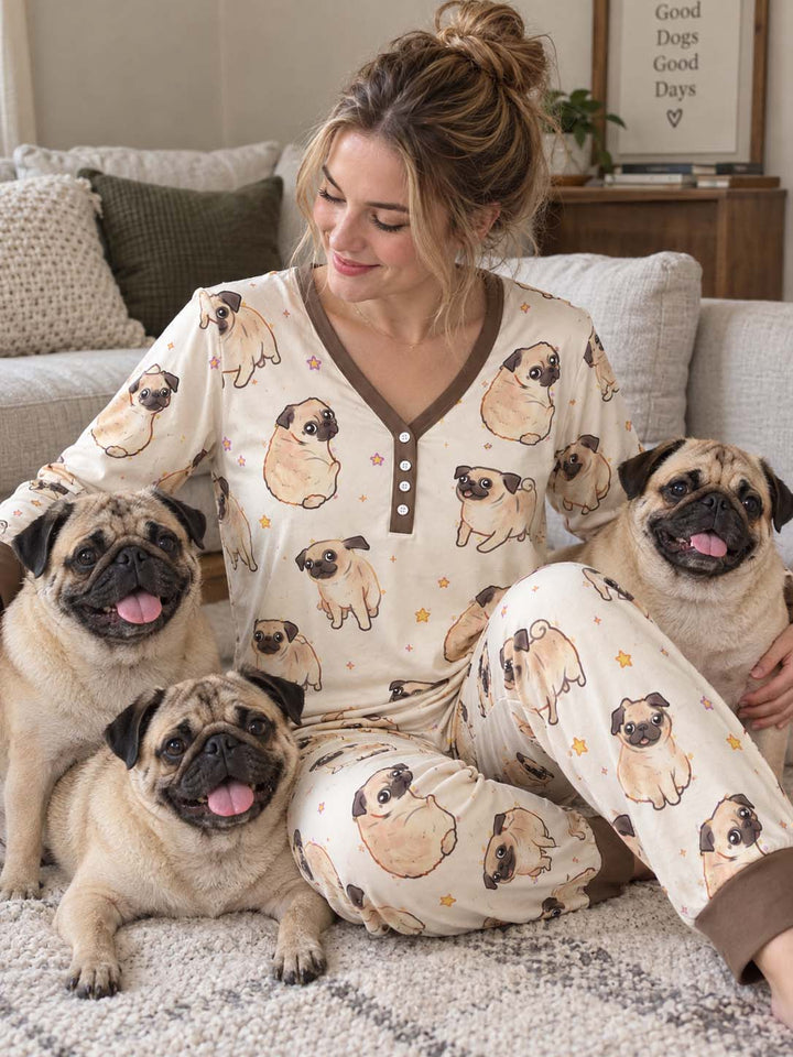 Playful Pug Stars Bamboo Women Pajama Set