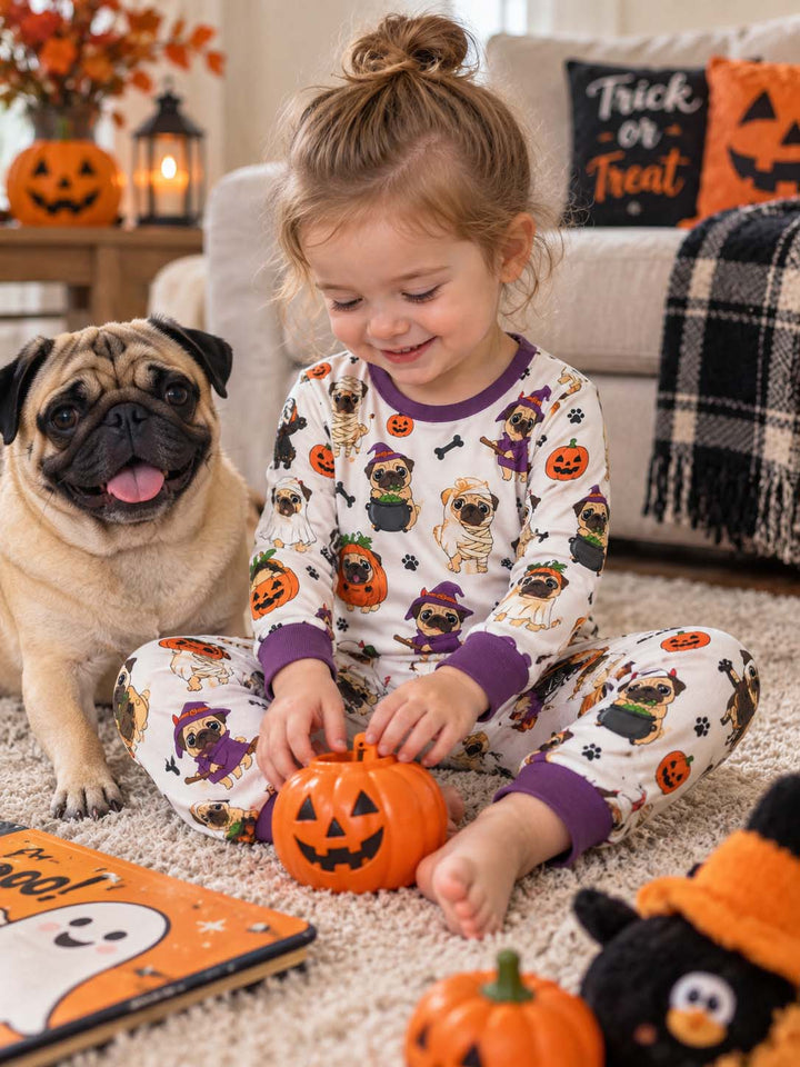Pug Halloween Costume Party Bamboo Two Piece Long Sleeve Pajama Set