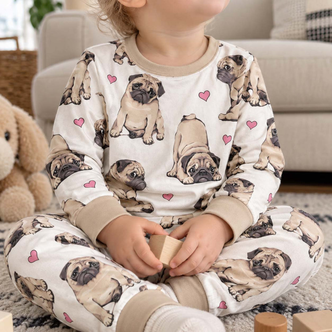 Pug Love Hearts Bamboo Two Piece Long Sleeve Pajama Set