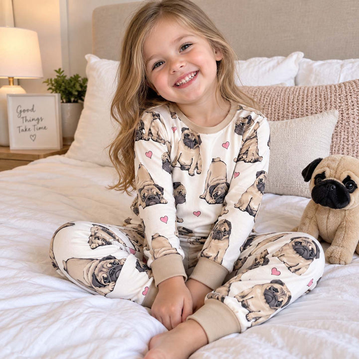 Pug Love Hearts Bamboo Two Piece Long Sleeve Pajama Set