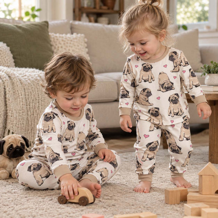 Pug Love Hearts Bamboo Two Piece Long Sleeve Pajama Set