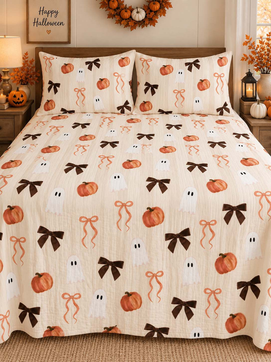 Pumpkin Ghost Bow Halloween Bamboo Bedding Set