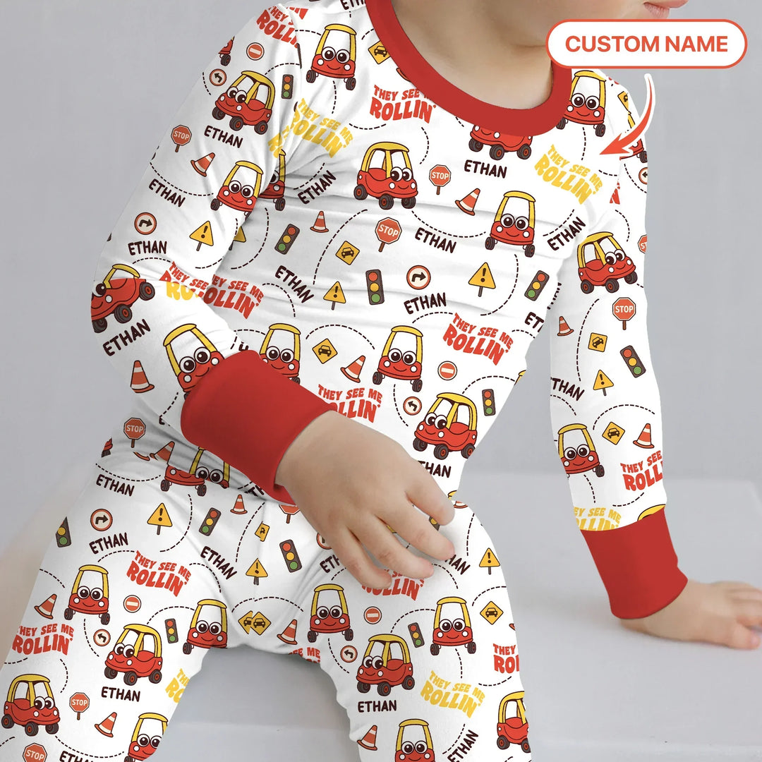 Custom Name They See Me Roliin' Two Piece Long Sleeve Pajama Set , Custom Name They See Me Roliin' Two Piece Long Sleeve Pajama Set - 12-18M