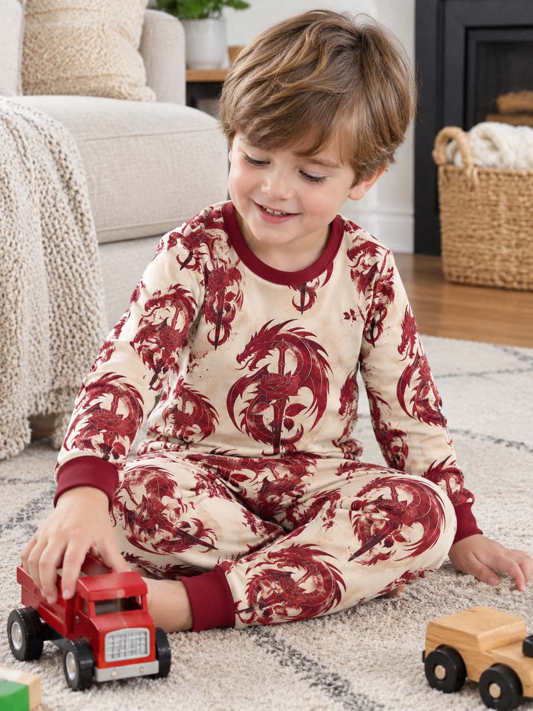 Red Dragon Rose Bamboo Two Piece Long Sleeve Pajama Set