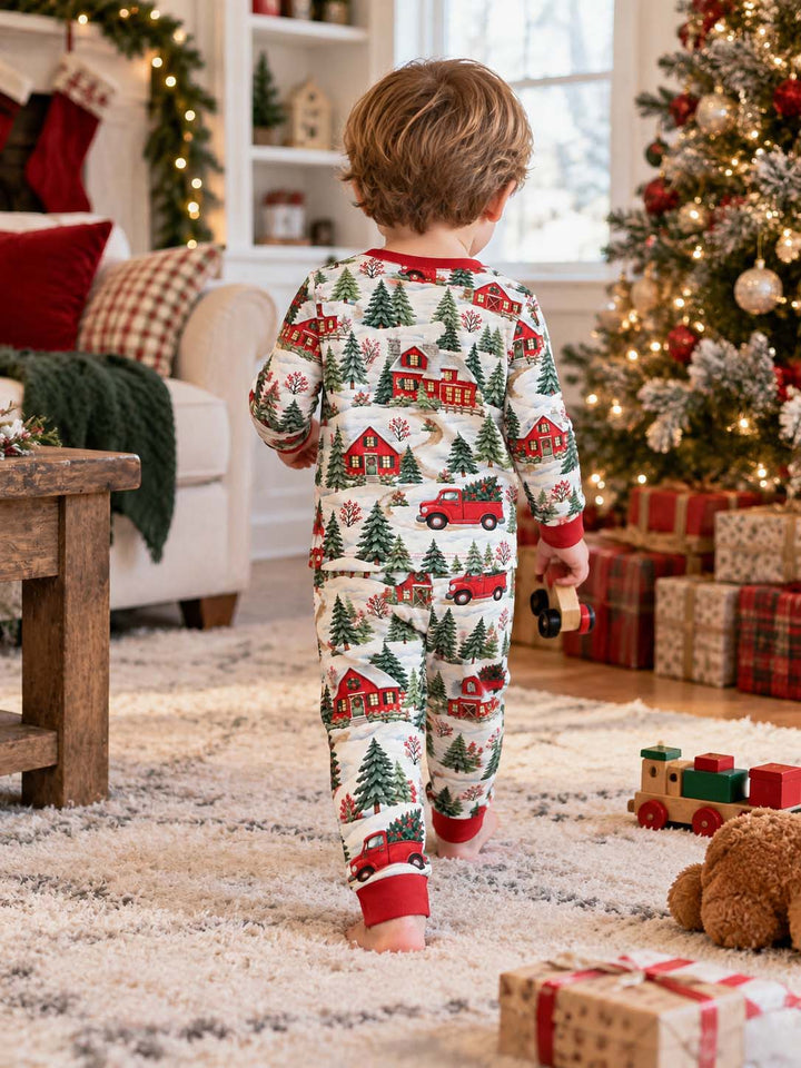 Red Truck Christmas Village Bamboo Two Piece Long Sleeve Pajama Set