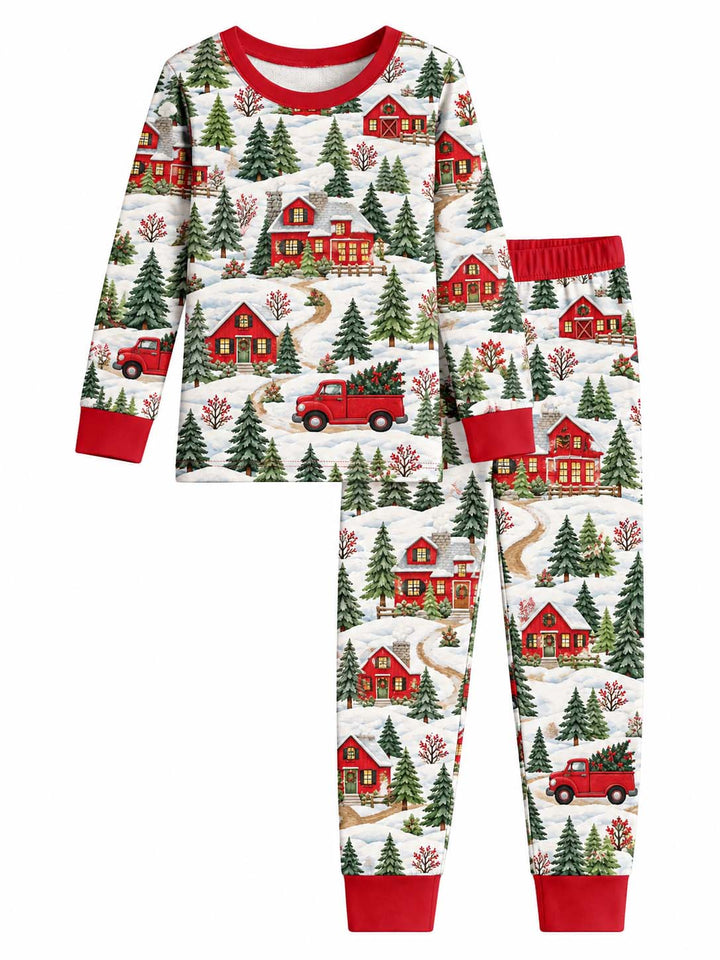 Red Truck Christmas Village Bamboo Two Piece Long Sleeve Pajama Set
