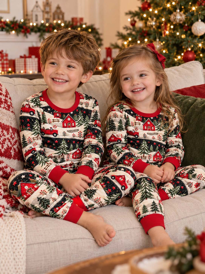 Red Truck Winter Village Bamboo Two Piece Long Sleeve Pajama Set