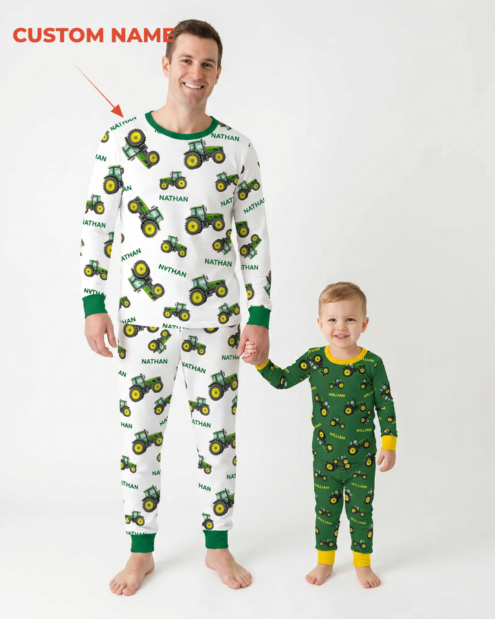 Custom Name Green Tractors Matching Daddy & Me Bamboo Two Piece Long Sleeve Pajama Set