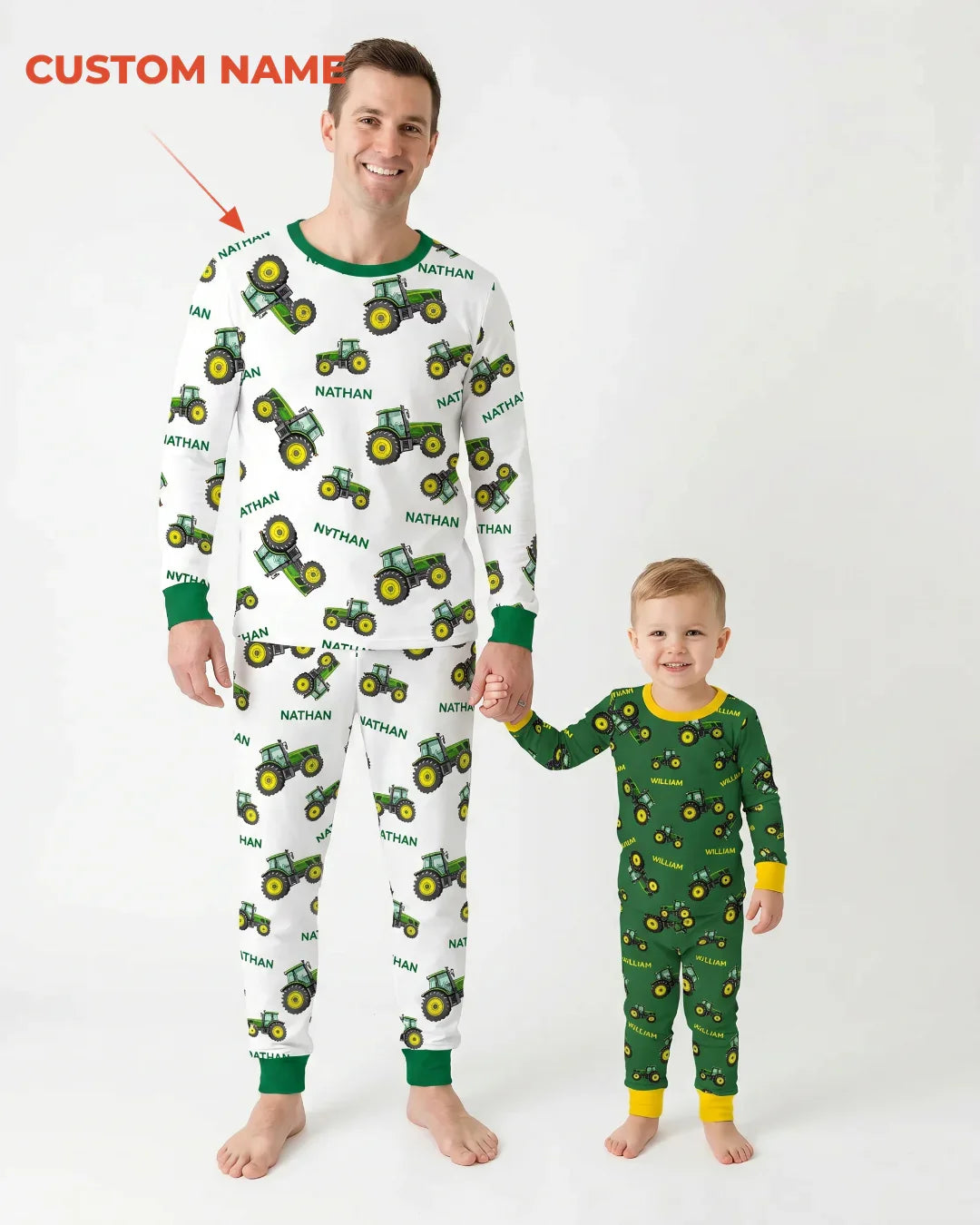 Custom Name Green Tractors Matching Daddy & Me Bamboo Men's Pajama Set