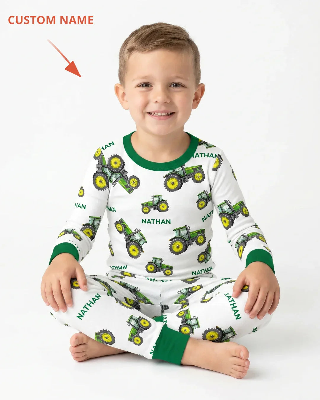 Custom Name Green Tractors Matching Daddy & Me Bamboo Two Piece Long Sleeve Pajama Set