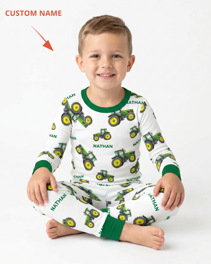 Custom Name Green Tractors Matching Daddy & Me Bamboo Two Piece Long Sleeve Pajama Set