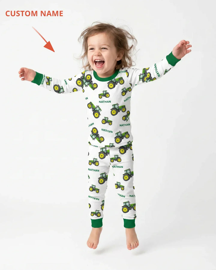Custom Name Green Tractors Matching Daddy & Me Bamboo Two Piece Long Sleeve Pajama Set