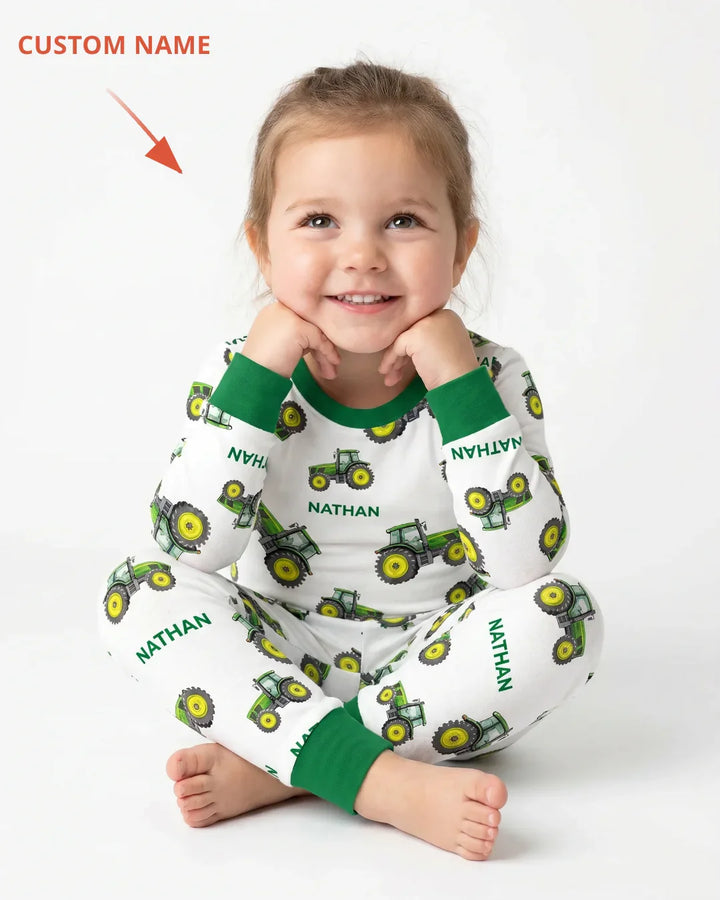 Custom Name Green Tractors Matching Daddy & Me Bamboo Two Piece Long Sleeve Pajama Set