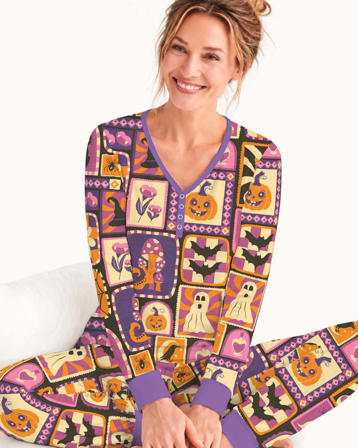 Retro Halloween Collage Bamboo Women Pajama Set