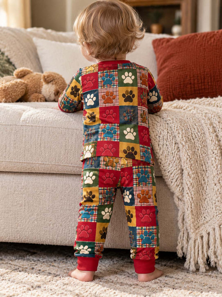 Rustic Patchwork Paw Prints Bamboo Two Piece Long Sleeve Pajama Set
