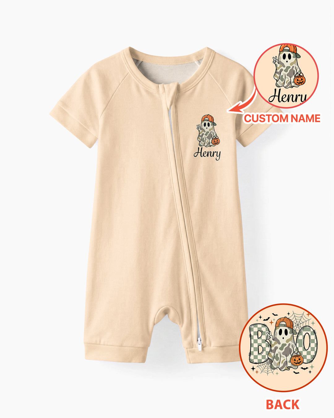 Personalized Baby Boy Halloween Ghost Bamboo Shorty Zippy