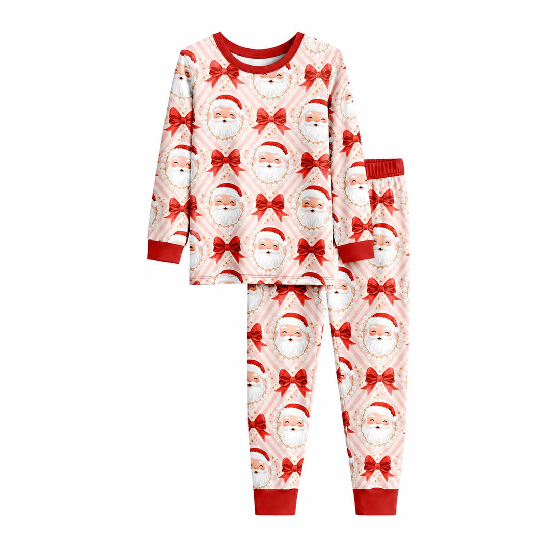 Santa Bows and Pearls Bamboo Two Piece Long Sleeve Pajama Set