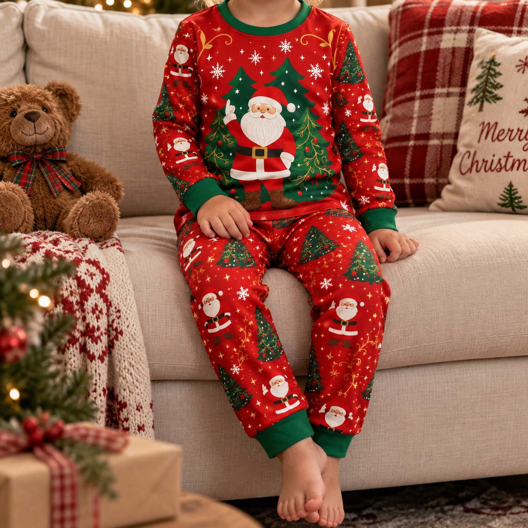 Santa Christmas Tree Holiday Bamboo Two Piece Long Sleeve Pajama Set
