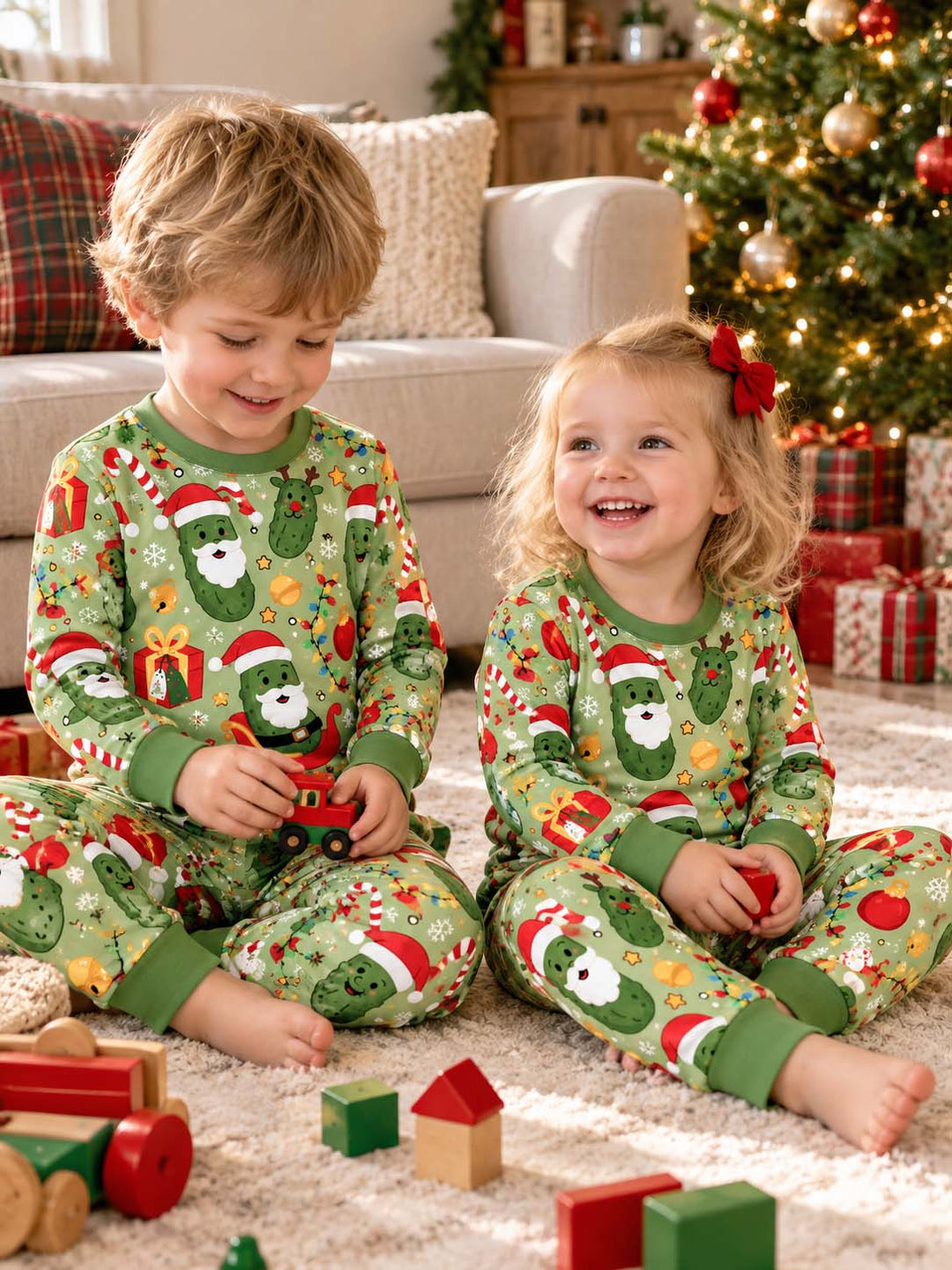 Santa Pickle Christmas Pattern Bamboo Two Piece Long Sleeve Pajama Set