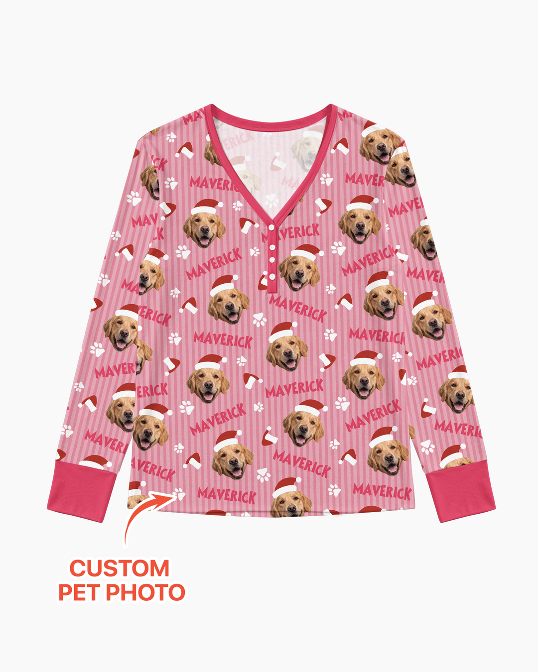 Custom Pet Photo Christmas Paws Stripe Bamboo Women Pajama Set