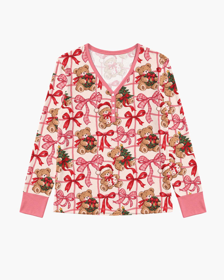 Pink Christmas Teddy Bear Plaid Mommy & Me Matching Bamboo Women Pajama Set