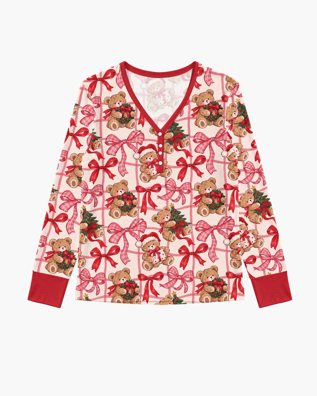 Pink Christmas Teddy Bear Plaid Mommy & Me Matching Bamboo Women Pajama Set