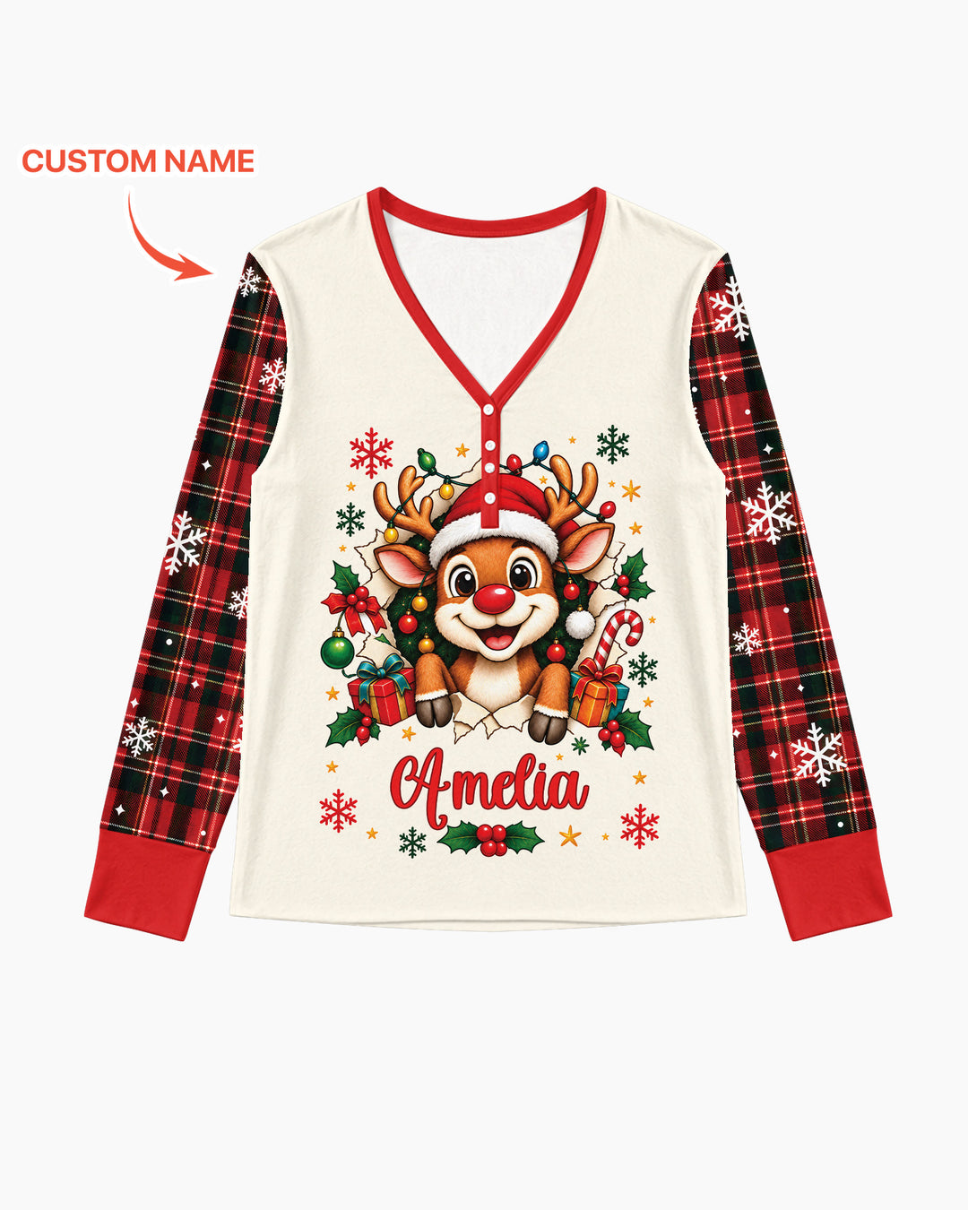 Cute Reindeer in Santa Hat Bamboo Women Pajama Set