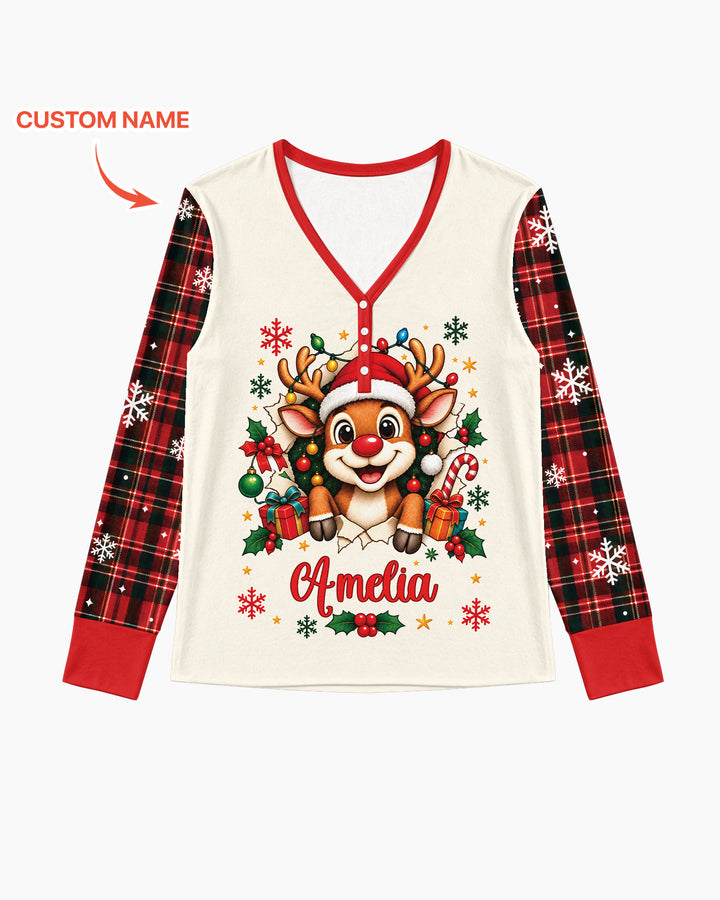 Cute Reindeer in Santa Hat Bamboo Women Pajama Set