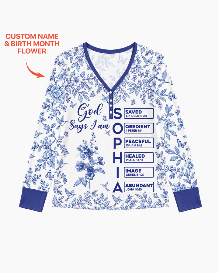 God Says I Am Letter In Bible Birth Flower Toile De Jouy  Bamboo Women Pajama Set