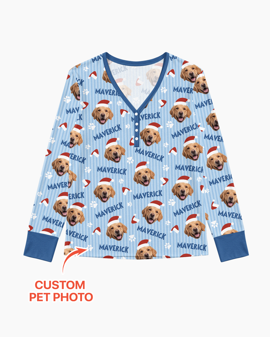 Custom Pet Photo Christmas Paws Stripe Bamboo Women Pajama Set