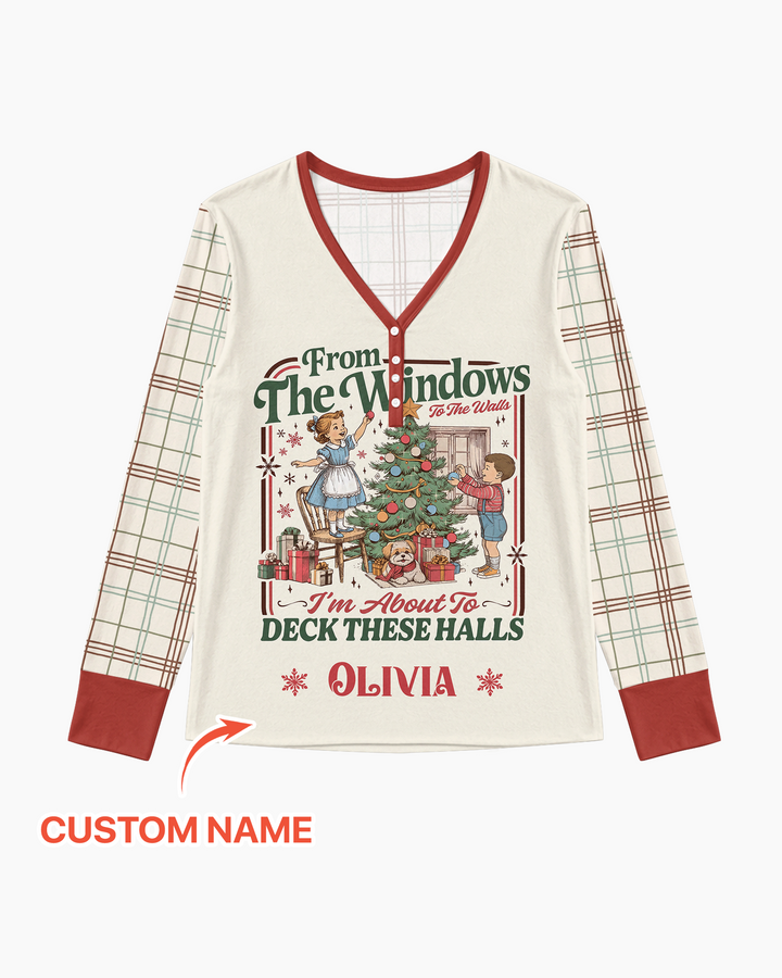 Custom Name Vintage Deck The Halls Bamboo Women Pajama Set