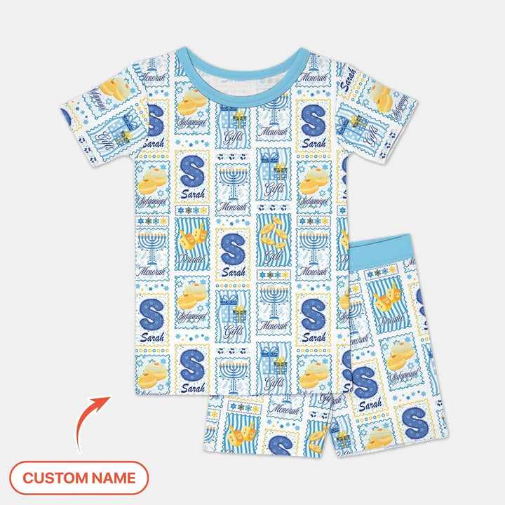 Light of Hanukkah Custom Name Bamboo Two Piece Short Sleeve Shorts Pajama Set