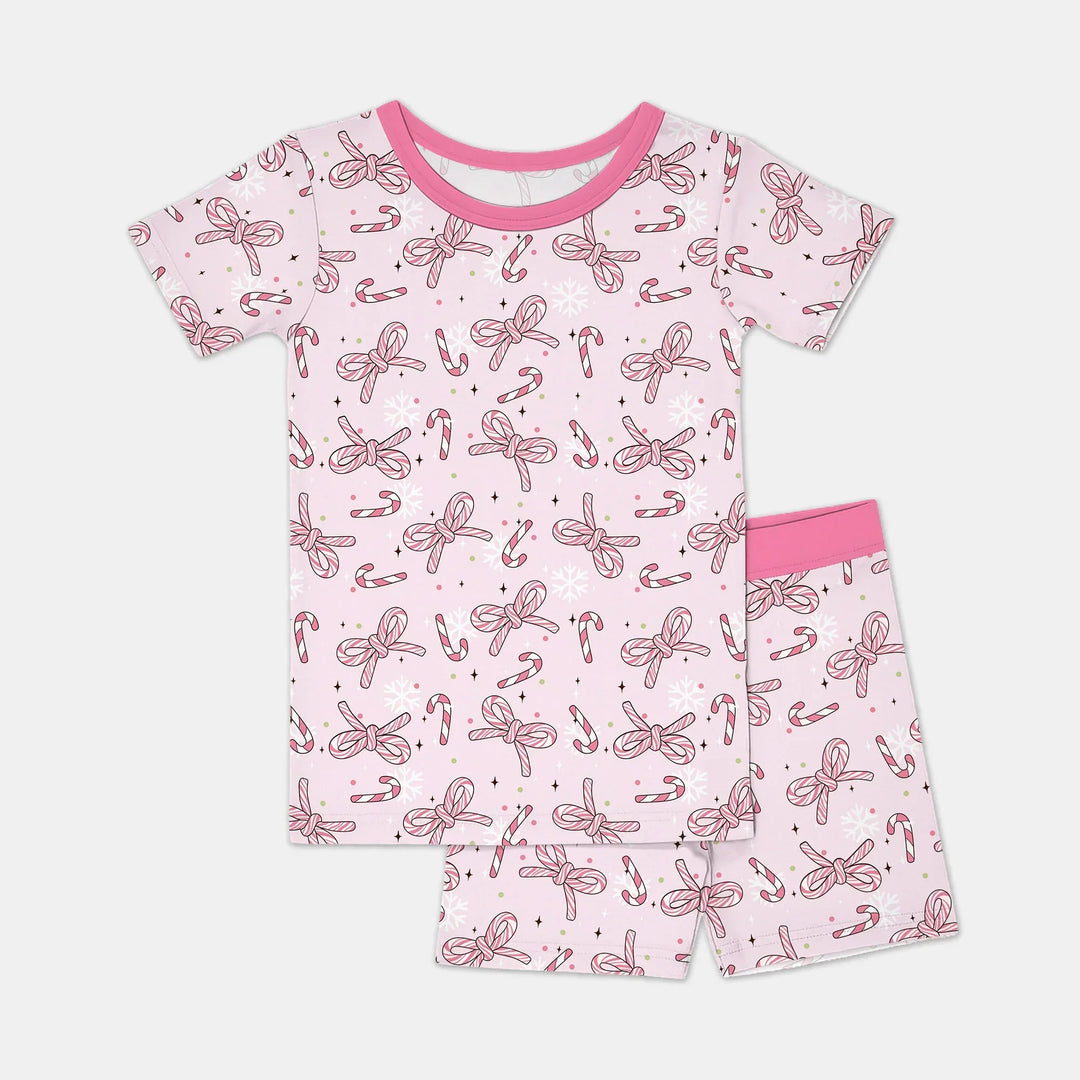 Pink Candy Bows Bamboo Two Piece Short Sleeve Shorts Pajama Set