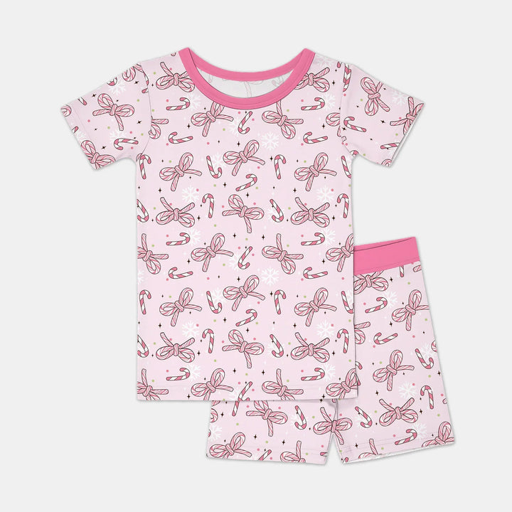 Pink Candy Bows Bamboo Two Piece Short Sleeve Shorts Pajama Set