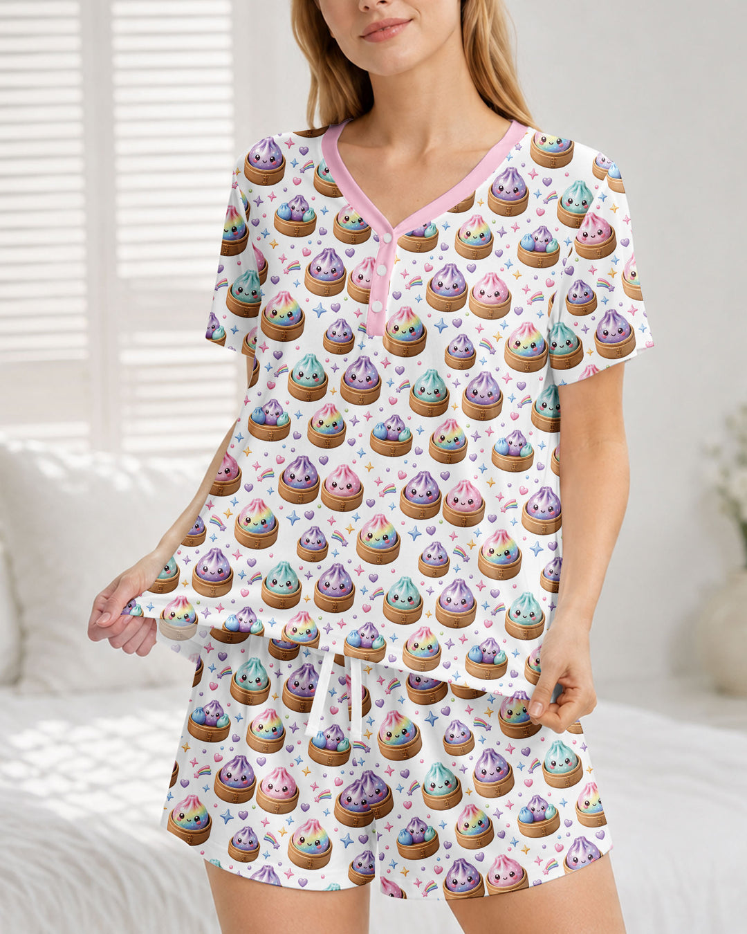 Cute Glitter Dumpling Bamboo Women Short Sleeve Short Pajama Set