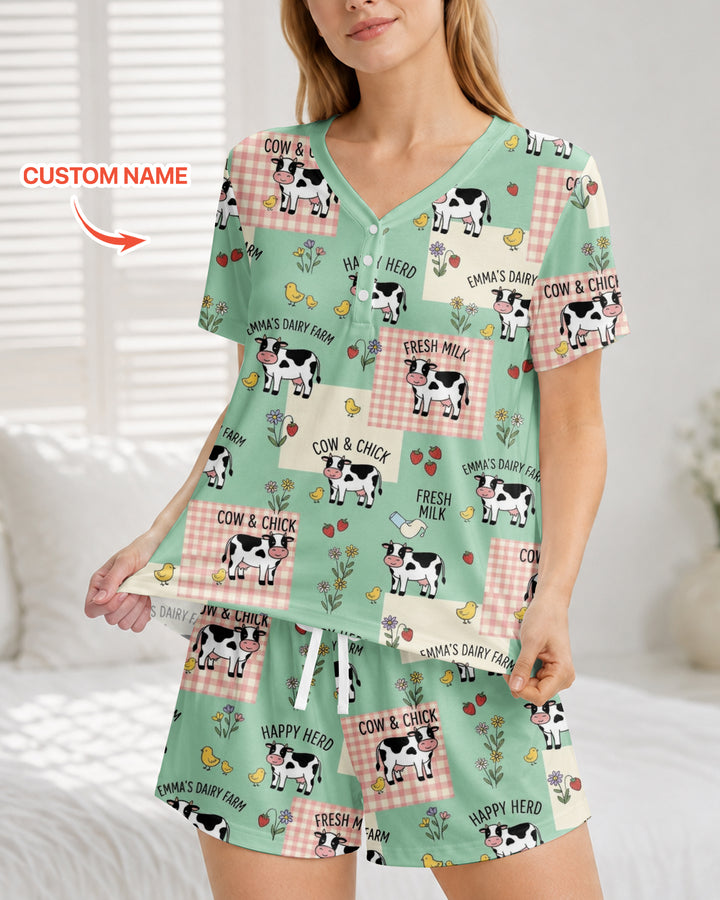 Custom Name Minty Farm And A Tiny Chick Bamboo Women Short Sleeve Short Pajama Set