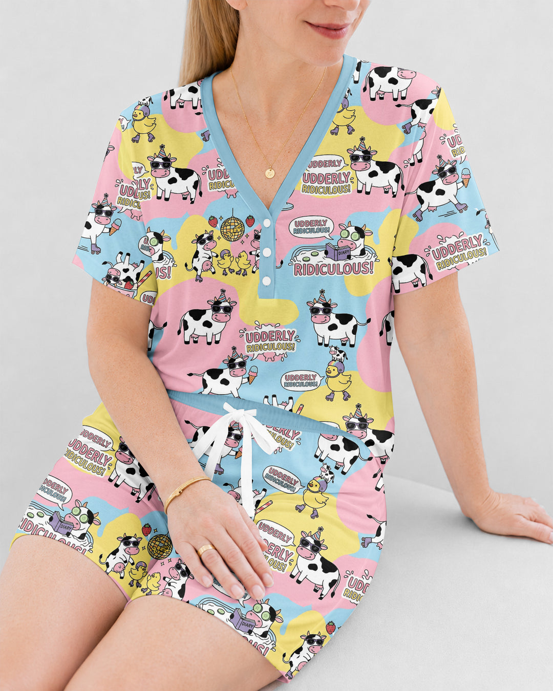 Too Ridiculous To Moo Bamboo Women Short Sleeve Short Pajama Set