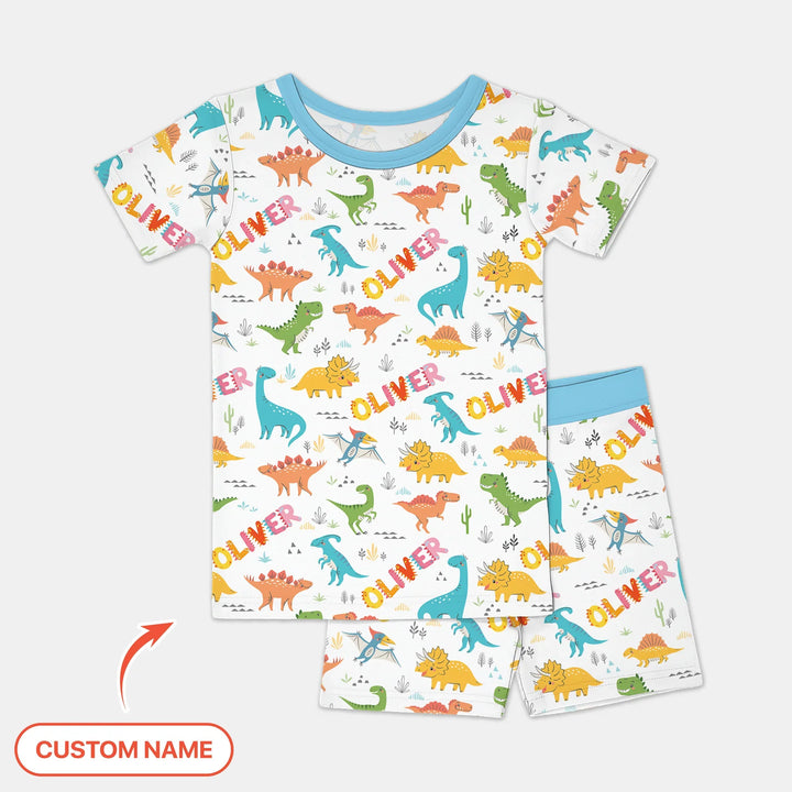 Dino Adventure Custom Name Bamboo Two Piece Short Sleeve Shorts Pajama Set