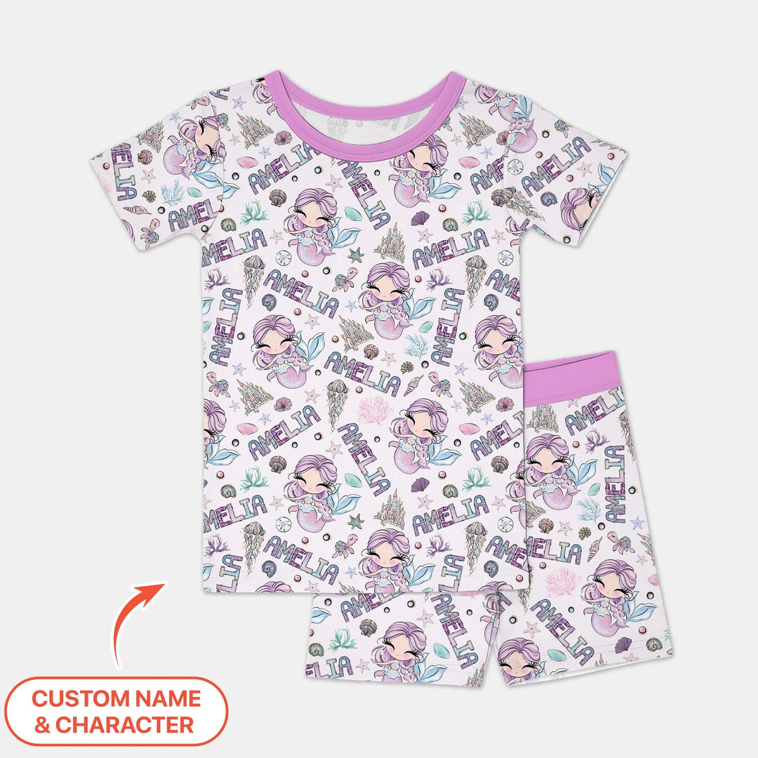 Custom Name Doodle Little Mermaid Bamboo Two Piece Short Sleeve Shorts Pajama Set