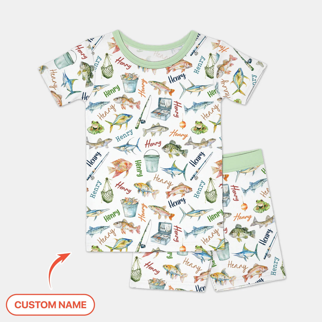 Happy Fishing Adventure Custom Name Bamboo Two Piece Short Sleeve Shorts Pajama Set