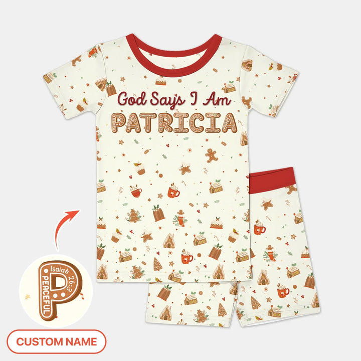 GingerBread God Says I Am Custom Name Two Piece Short Sleeve Shorts Pajama Set , GingerBread God Says I Am Custom Name Two Piece Short Sleeve Shorts Pajama Set - 12-18M