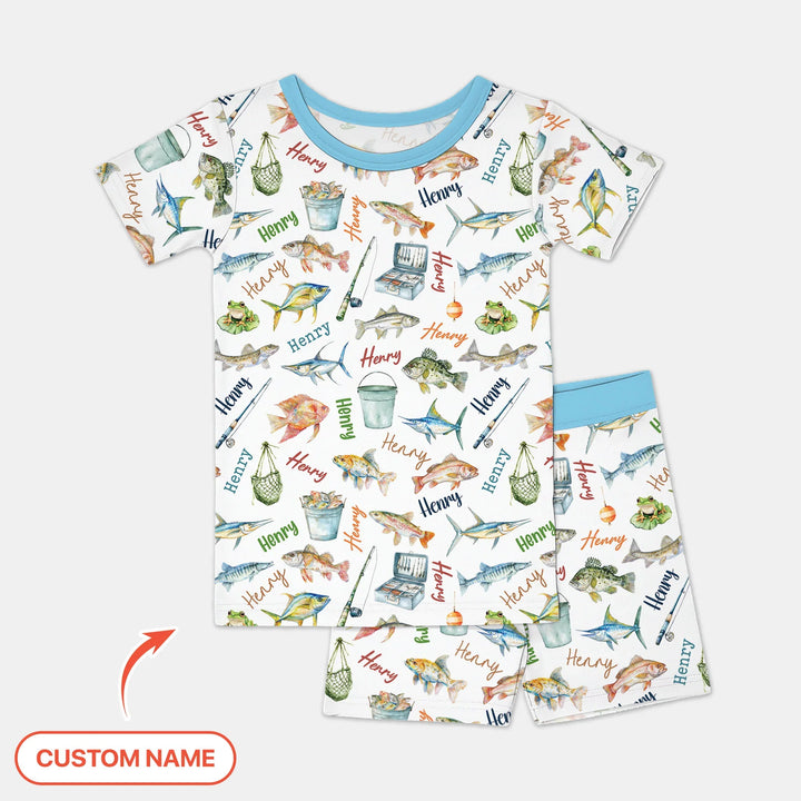 Happy Fishing Adventure Custom Name Bamboo Two Piece Short Sleeve Shorts Pajama Set