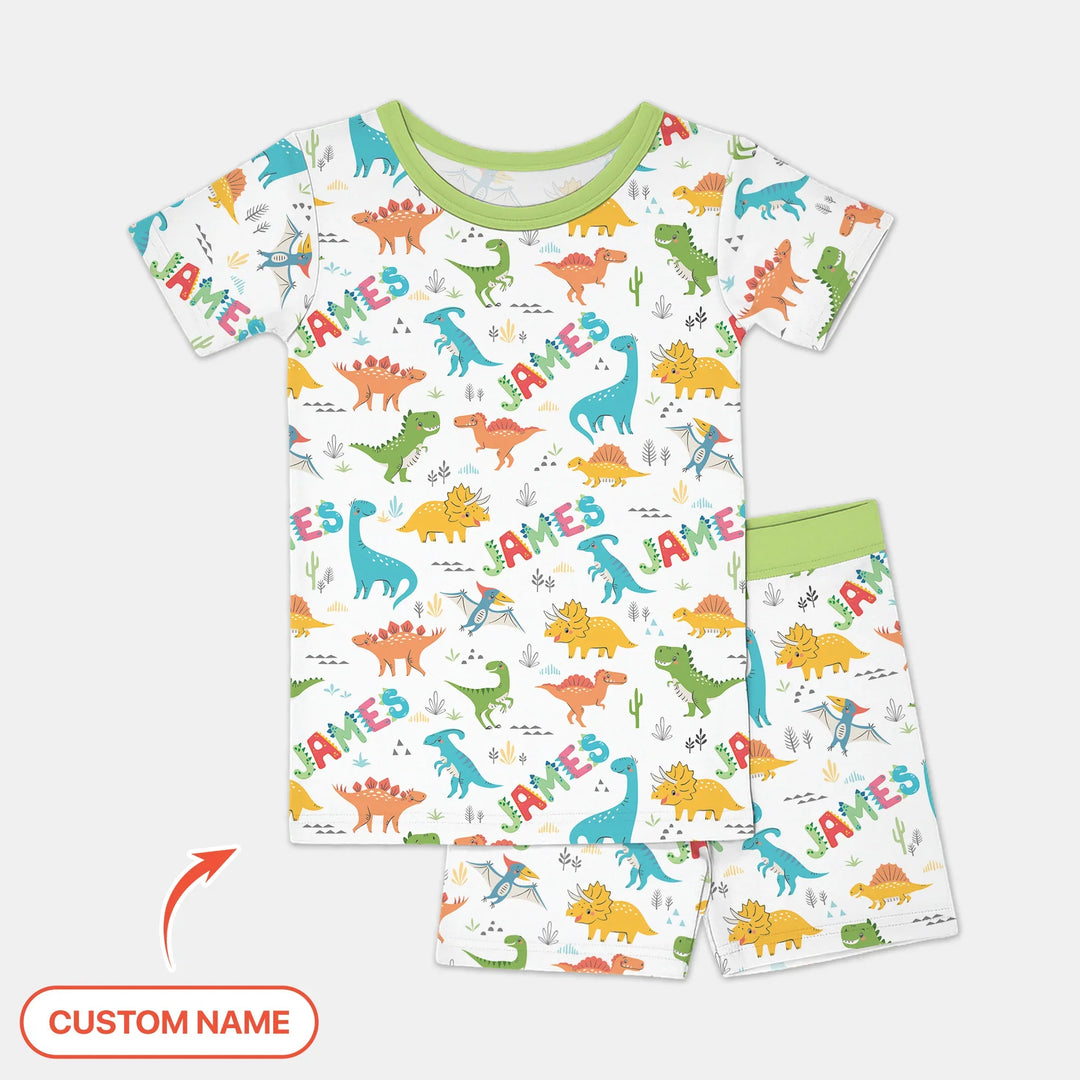 Dino Adventure Custom Name Bamboo Two Piece Short Sleeve Shorts Pajama Set