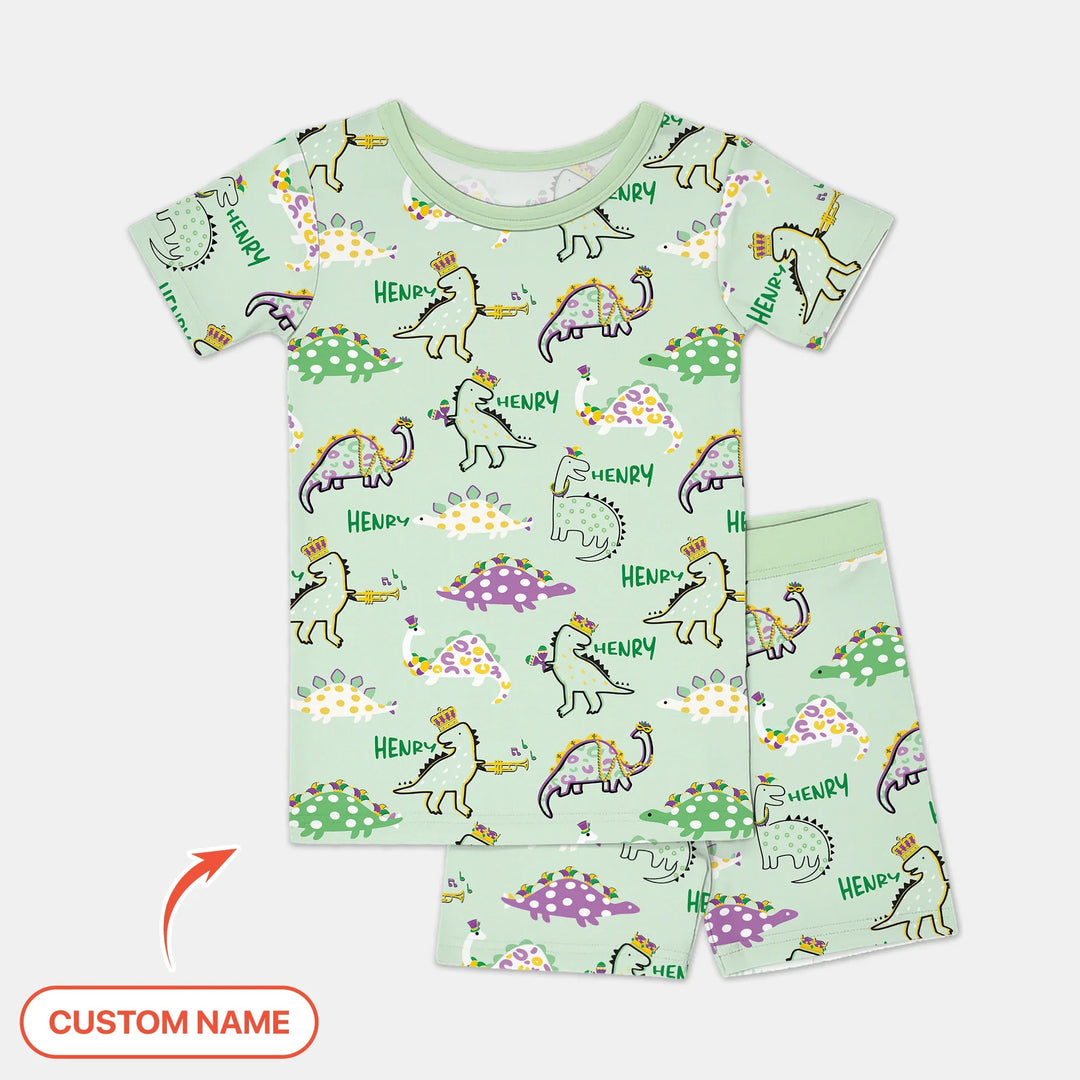 Custom Name Mardi Gras Saurus Bamboo Two Piece Short Sleeve Shorts Pajama Set