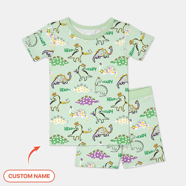 Custom Name Mardi Gras Saurus Bamboo Two Piece Short Sleeve Shorts Pajama Set