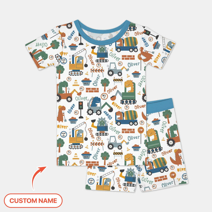Custom Name Dino Diggers Bamboo Two Piece Short Sleeve Shorts Pajama Set