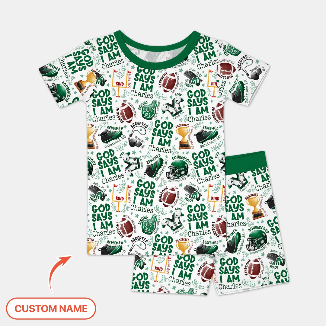 God Says I Am Touch Down Time Custom Name Bamboo Two Piece Short Sleeve Shorts Pajama Set